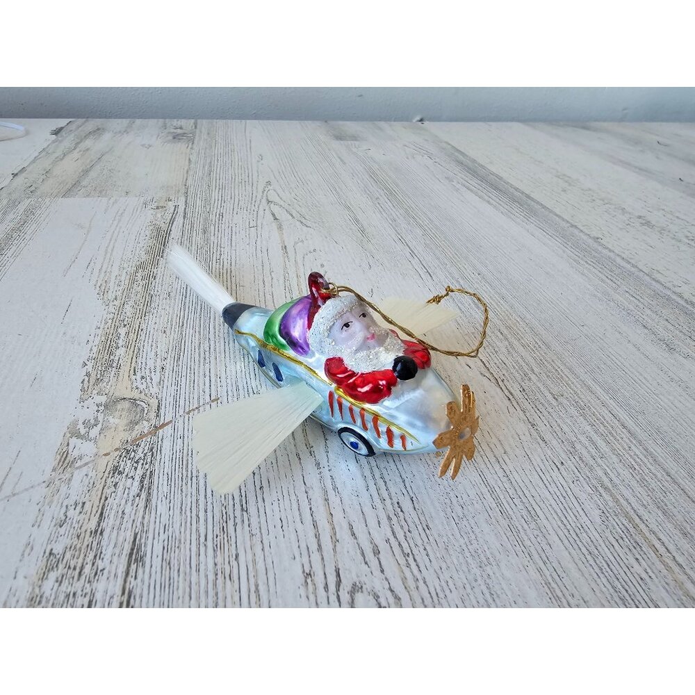 Vintage radko through clouds airplane glass Santa plane Xmas spun‎ tree